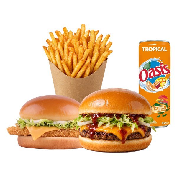 Croustillant + Fumé, frites et boisson