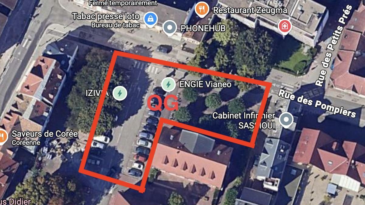 Plan de notre QG, parking de l'école Exen, rue des Pompiers à Schiltigheim : le secteur est entouré en rouge